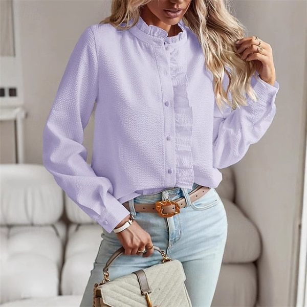 Women's Blouse Dressy Tops Ruched Ruffle Buttons Plain - Image 4