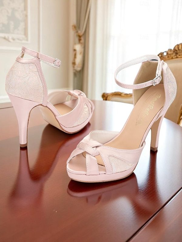 Women's Peep Pink Sandals Satin Elegant High with Heel Toe - Image 6