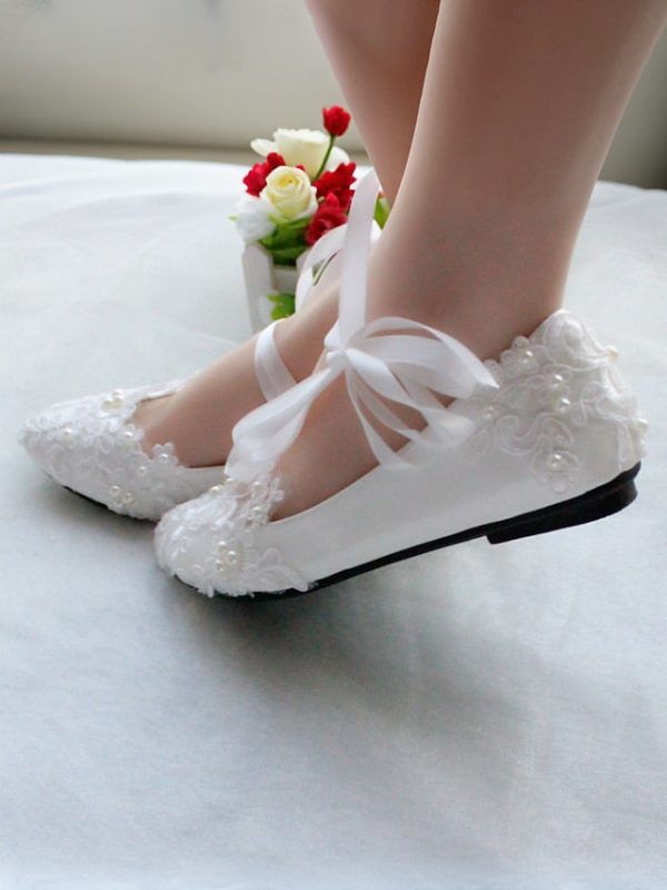 Wedding Ribbon Lace White Shoes - Ties Elegant Bridal Flats with - Image 3