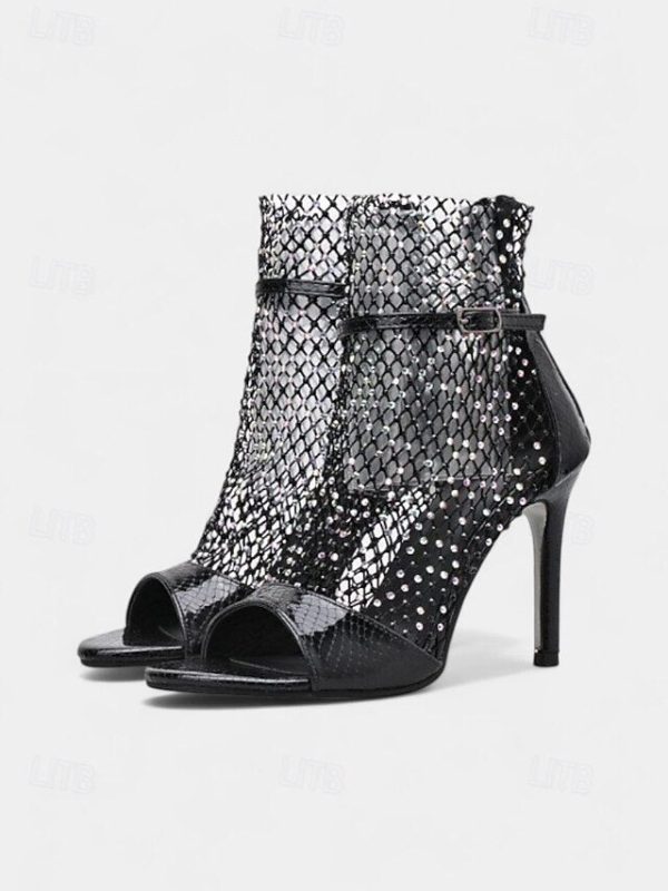 Glitter Stiletto Open-Toe Sandals Women's Mesh Gold - Image 7
