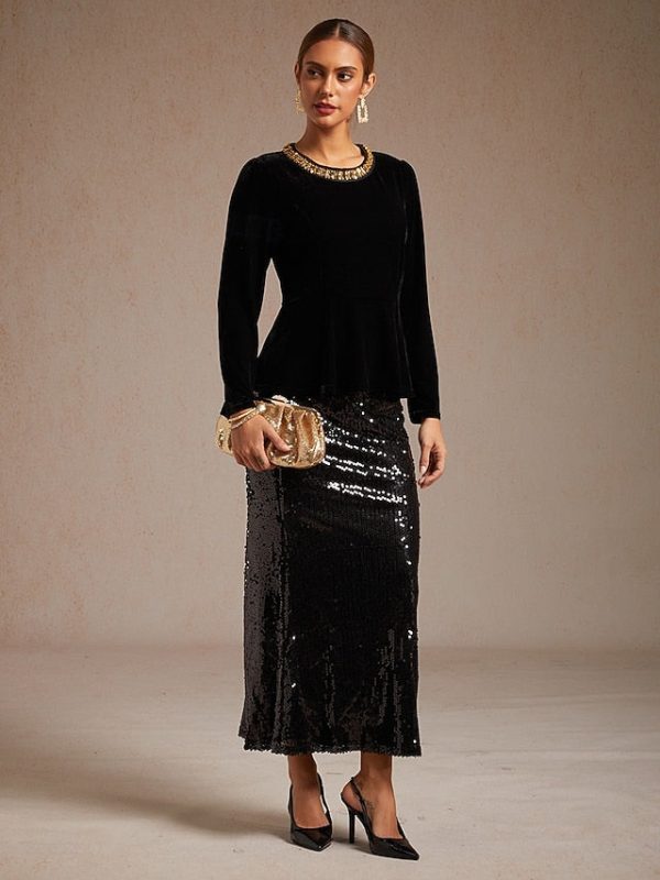 Women's Velvet Blouse Beaded Elegant Crew Neck Regular Tops - Image 9