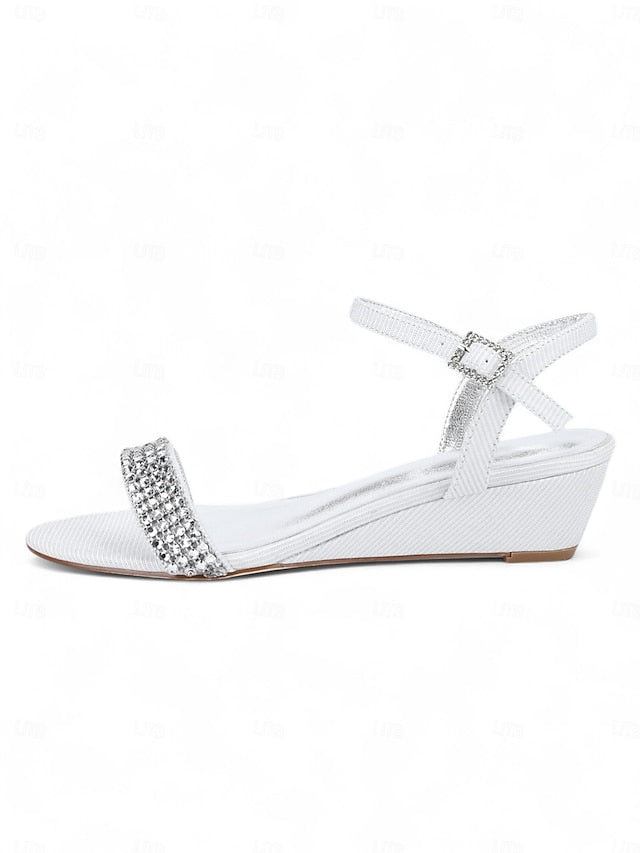 Rhinestone Sandals Toe Open Champagne Wedge Women