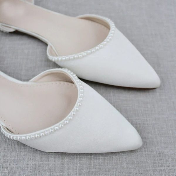 Flat White Women's Toe Shoes Pearl-Embellished with Pointed - Image 4