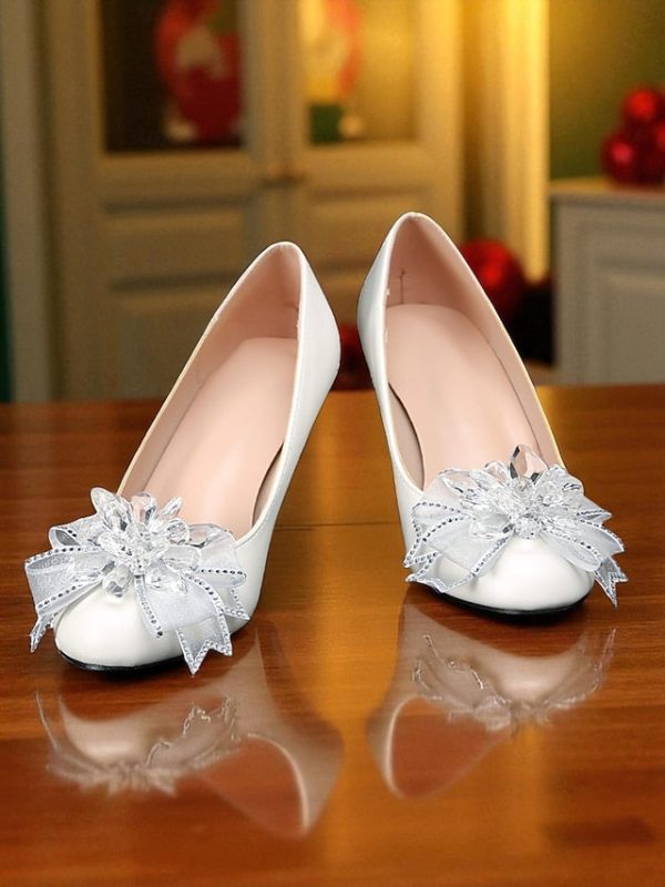 Crystal Shoes Women's Bow Low White Heel with Wedding - Image 5