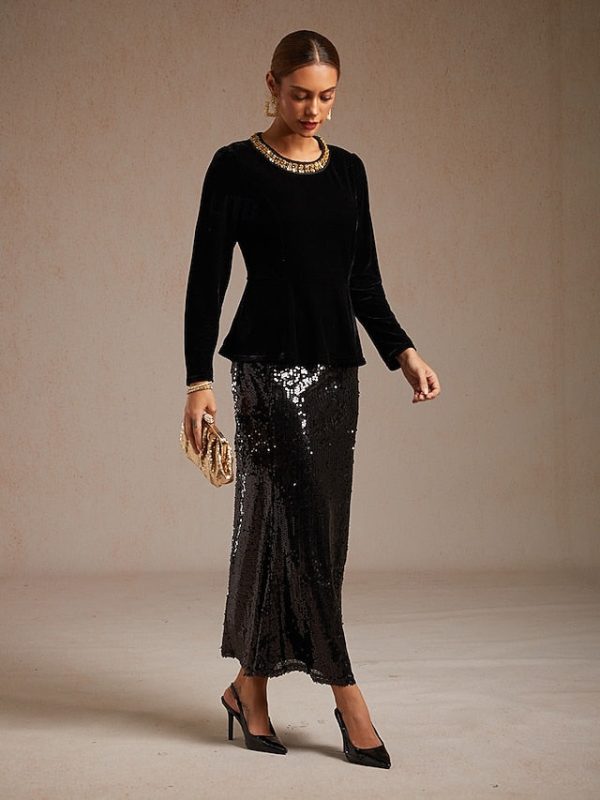 Women's Velvet Blouse Beaded Elegant Crew Neck Regular Tops - Image 10