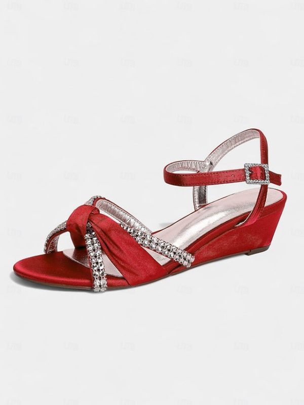 Satin Wedge Women's Sandals Knot Rhinestone Green - Image 12