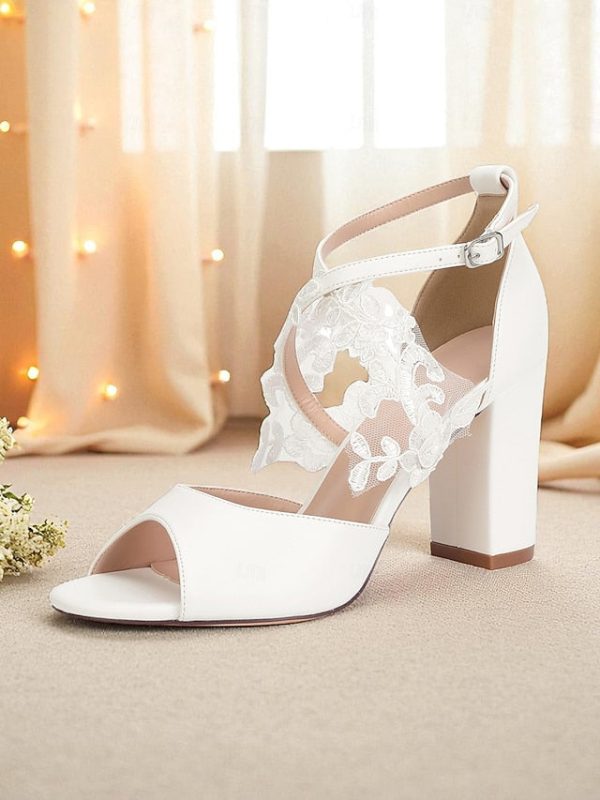 White Women's Lace Strap Block with - Ankle Heel Sandals - Image 3