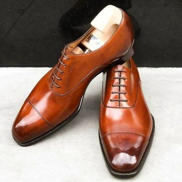 Leather Faux Oxford Brown Cap Shoes Classic Men's - Image 2
