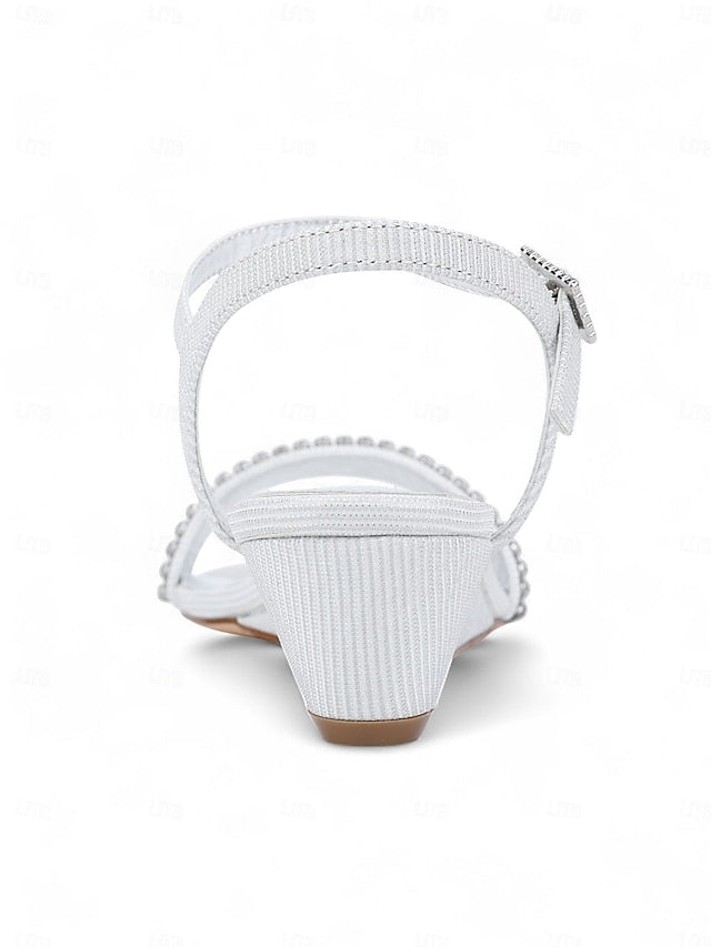 Rhinestone Sandals Toe Open Champagne Wedge Women