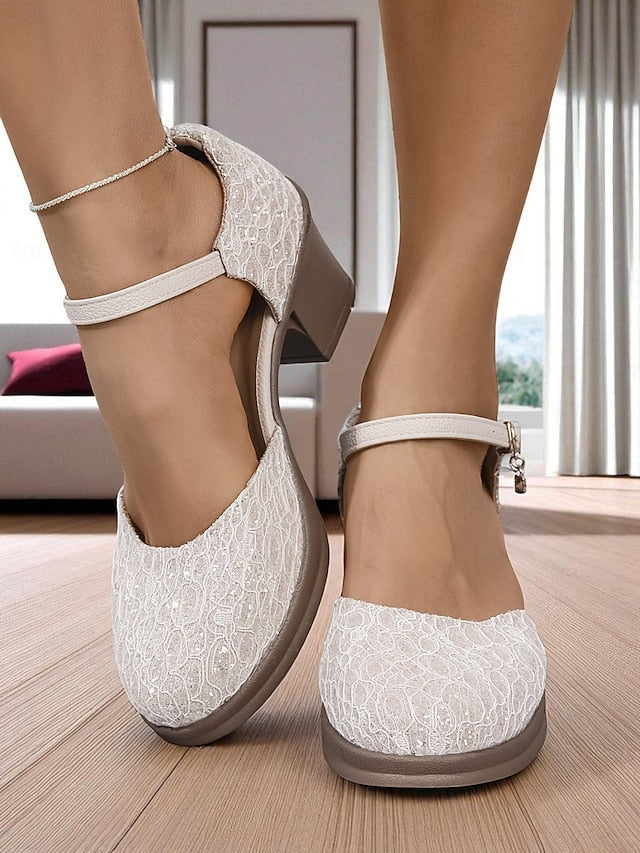 Heel Shoes Lace Chunky Mary Comfortable Low - Jane Women