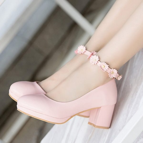 with Ankle Shoes Block White Daisy Flower Heel Girls' - Image 10