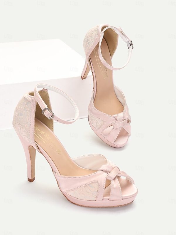 Women's Peep Pink Sandals Satin Elegant High with Heel Toe - Image 9