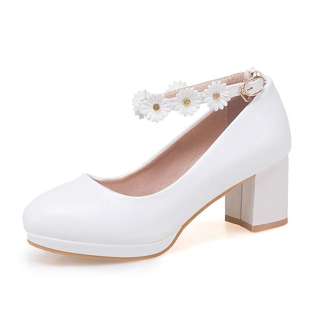 with Ankle Shoes Block White Daisy Flower Heel Girls