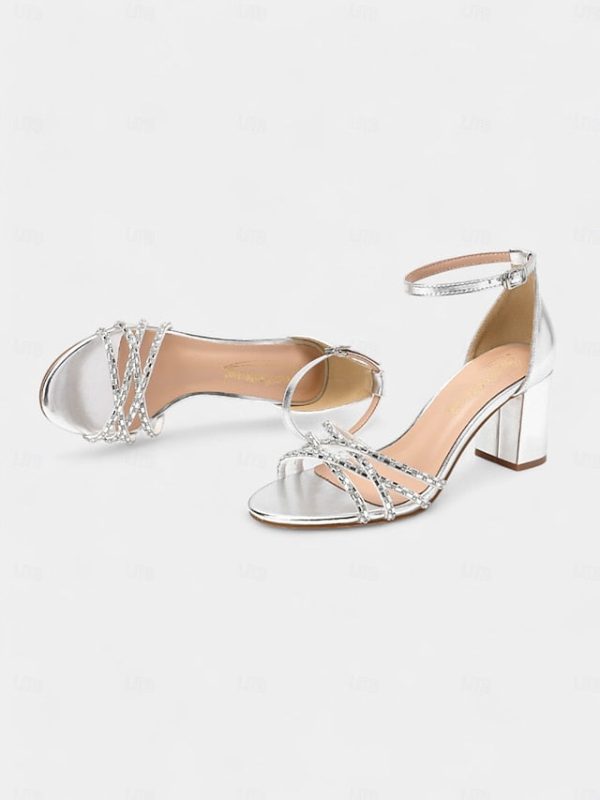 Rhinestone Silver Metallic Block Heel Sandals with Strappy - Image 5