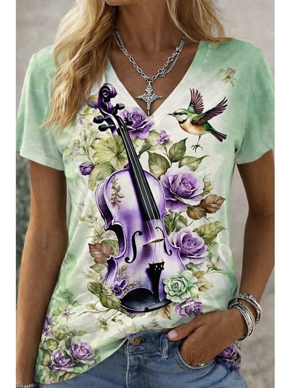 Women's T Shirt Print Floral Graphic Music Vintage Stylish - Image 2