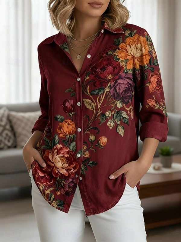 Women's Shirt Buttons Print Floral Elegant Stylish Casual - Image 5