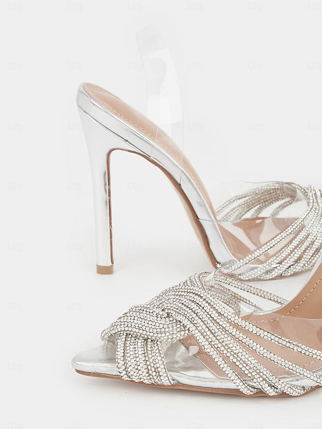Transparent with Straps Sandals Silver Stiletto Rhinestone - Image 5