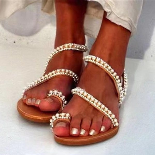 Elegant Pearl-Embellished  Sandals Strappy Women's Flat - Image 2