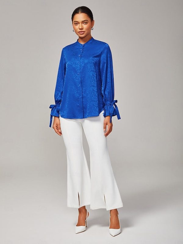 Women's Royal Blue Satin Shirt Subtle Jacquard Lustrous - Image 2