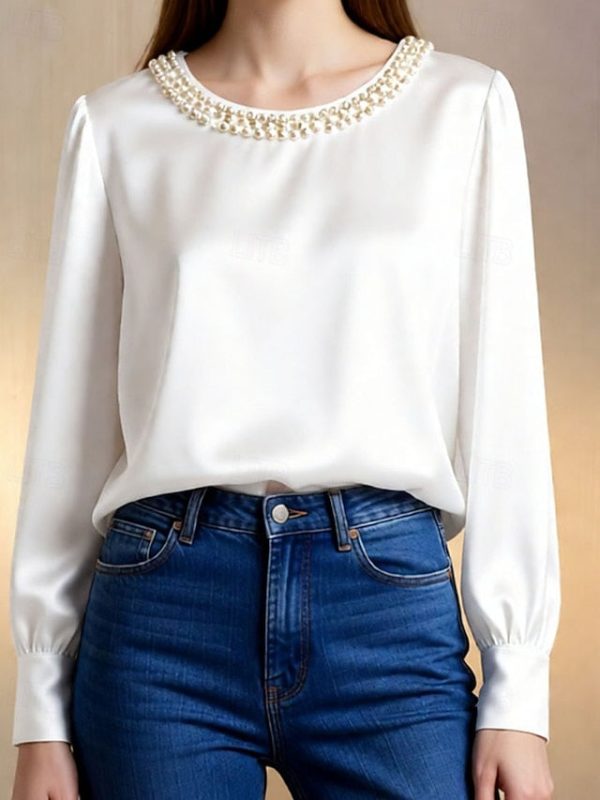 Women's Blouse Dressy Tops Ruched Patchwork Beaded Solid - Image 3