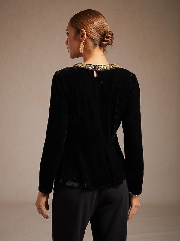 Women's Velvet Blouse Beaded Elegant Crew Neck Regular Tops - Image 2