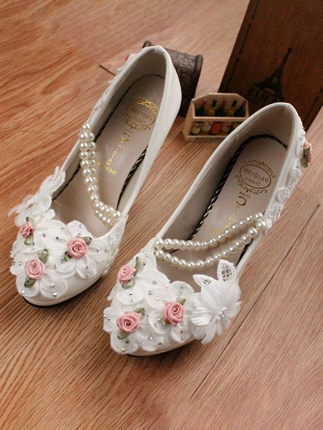for Floral Strap Bridal Pearl Low Embellished White Heel Shoes - Image 6