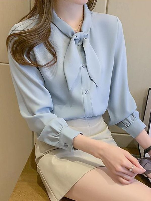 Women's Shirt Elegant Satin Top Blouse Bow Plain Stylish - Image 10