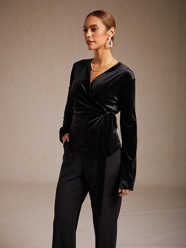 Women's Velvet Wrap Tops Dressy Tops Tie Front Solid Color - Image 10