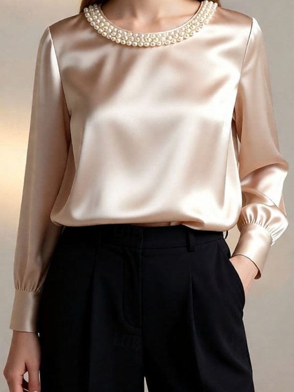 Women's Blouse Dressy Tops Ruched Patchwork Beaded Solid - Image 7