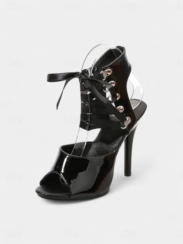 Cutout Lace-Up Sandals Patent Women's Black Sexy - Stiletto - Image 8