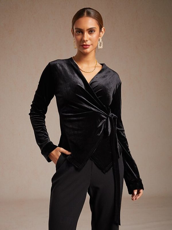Women's Velvet Wrap Tops Dressy Tops Tie Front Solid Color