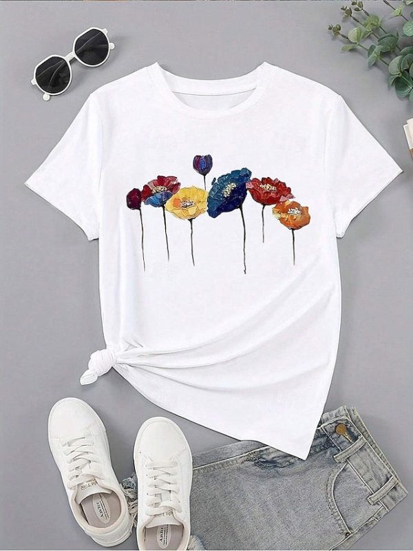 Women's T Shirt Print Floral Poppy Casual Short Sleeve Crew - Image 3