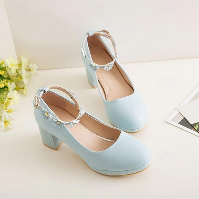 with Ankle Shoes Block White Daisy Flower Heel Girls