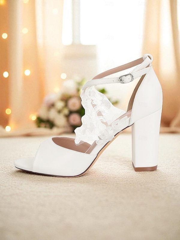 White Women's Lace Strap Block with - Ankle Heel Sandals - Image 4