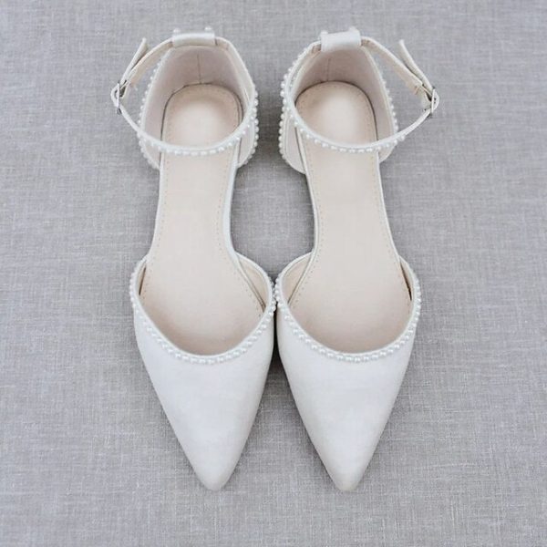 Flat White Women's Toe Shoes Pearl-Embellished with Pointed - Image 3
