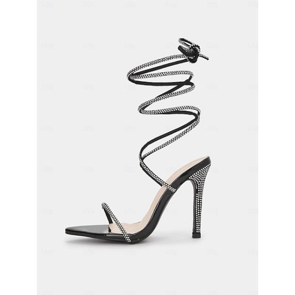 Stiletto Women's Sandals Sexy Lace-Up Rhinestone Black - Image 6