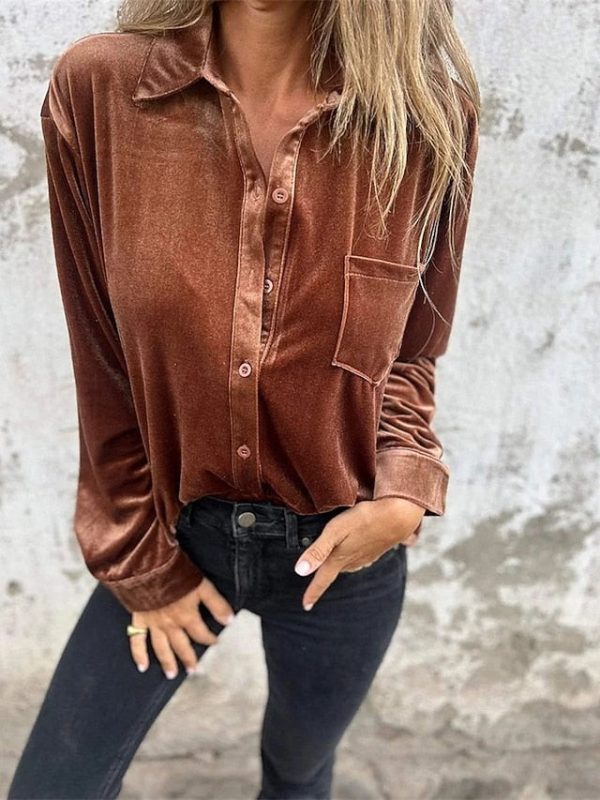Women's Shirt Velvet Elegant Dressy Pocket Buttons Draped - Image 7