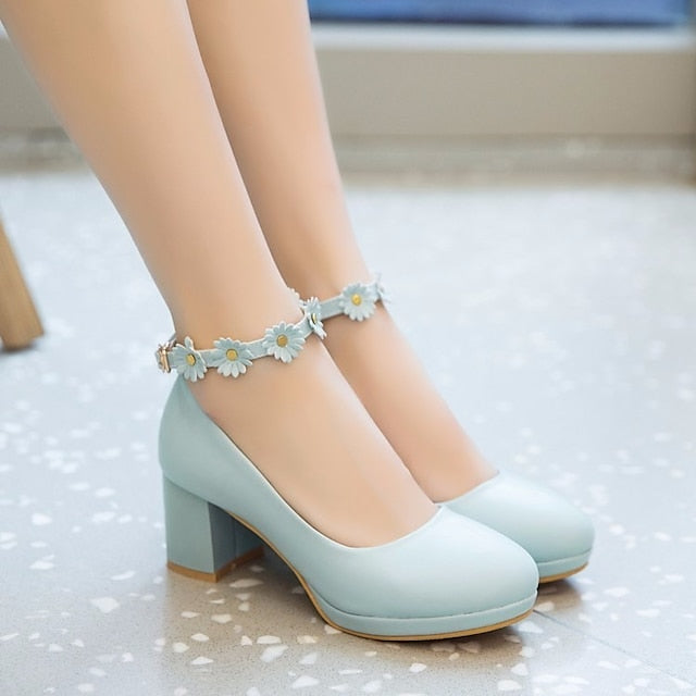 with Ankle Shoes Block White Daisy Flower Heel Girls