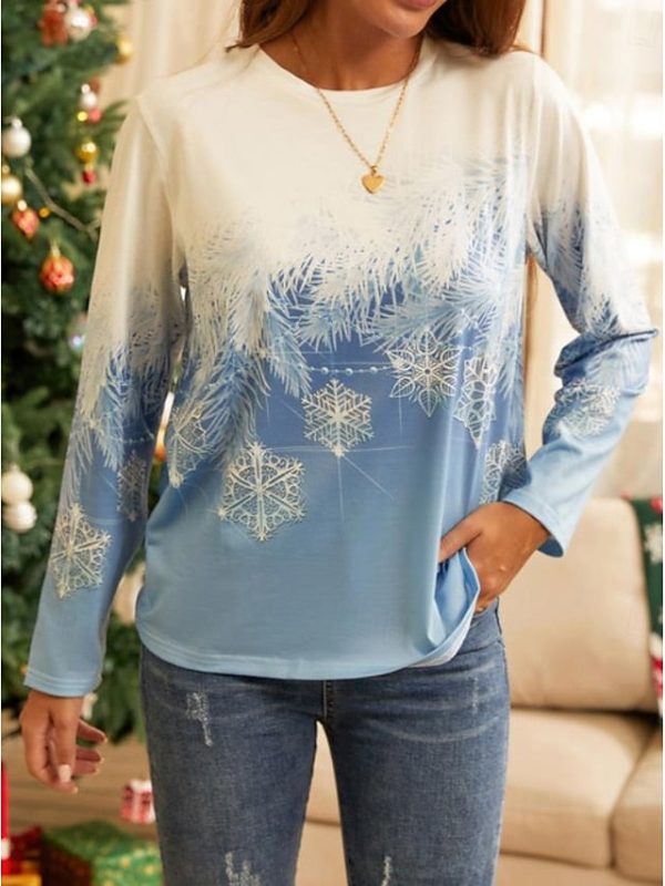 Women's T-Shirt Winter Snowflake Print Blue Gradient Casual - Image 3
