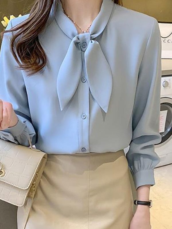 Women's Shirt Elegant Satin Top Blouse Bow Plain Stylish - Image 6