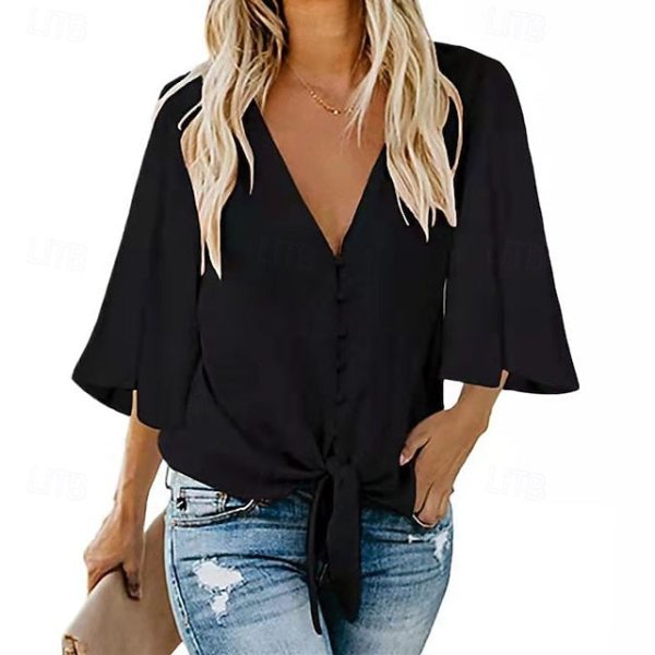 Women's Blouse Chiffon Tops Patchwork Plain Elegant Stylish - Image 3