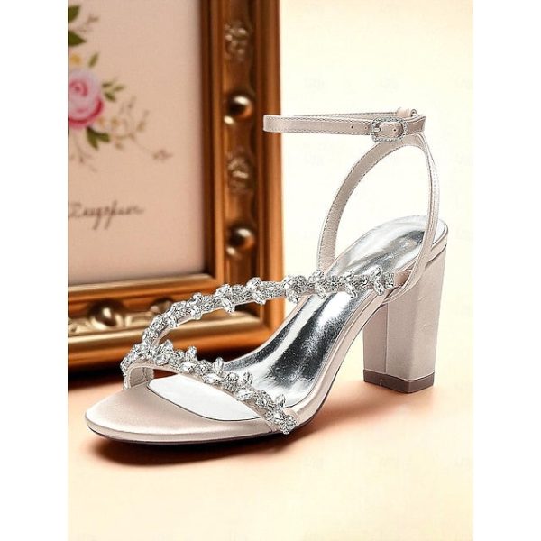 Rhinestone Women's Straps Block Heel - White Sandals with - Image 8
