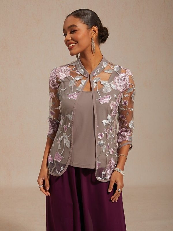 Women's Dressy Tops Floral Paisley Embroidered Elegant 3/4 - Image 45