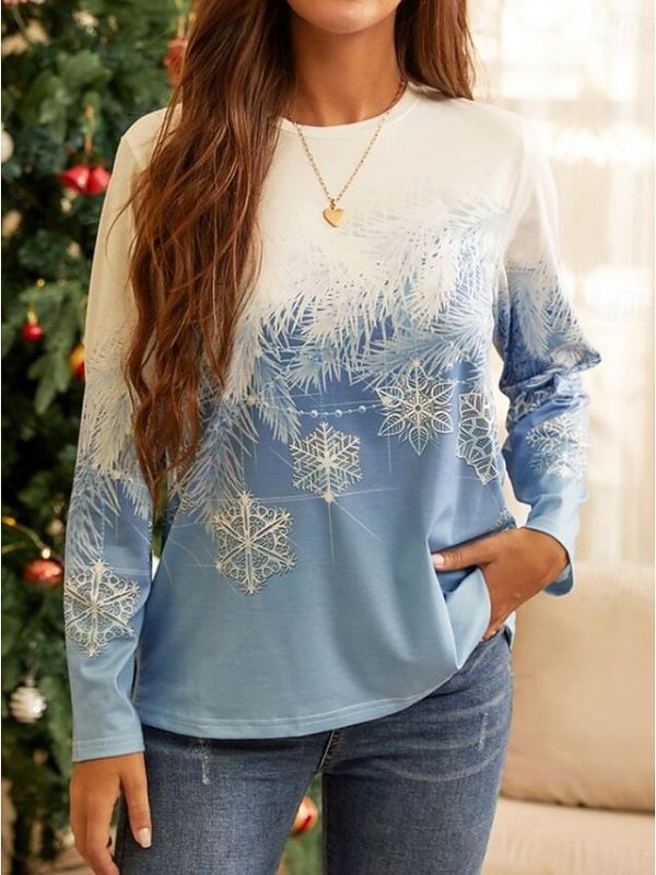 Women's T-Shirt Winter Snowflake Print Blue Gradient Casual - Image 2