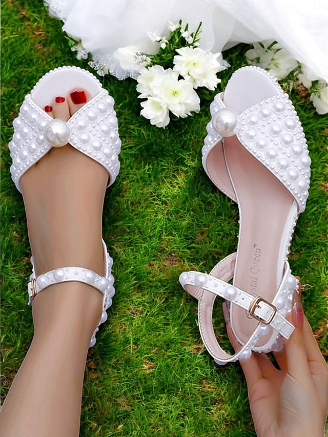 Low White Heel Pearl-Embellished Sandals Women