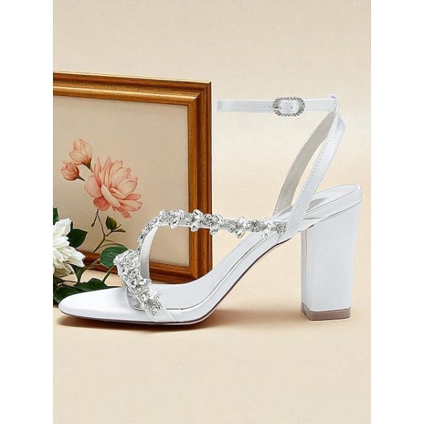 Rhinestone Women's Straps Block Heel - White Sandals with - Image 5