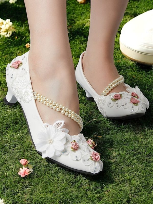 for Floral Strap Bridal Pearl Low Embellished White Heel Shoes - Image 3