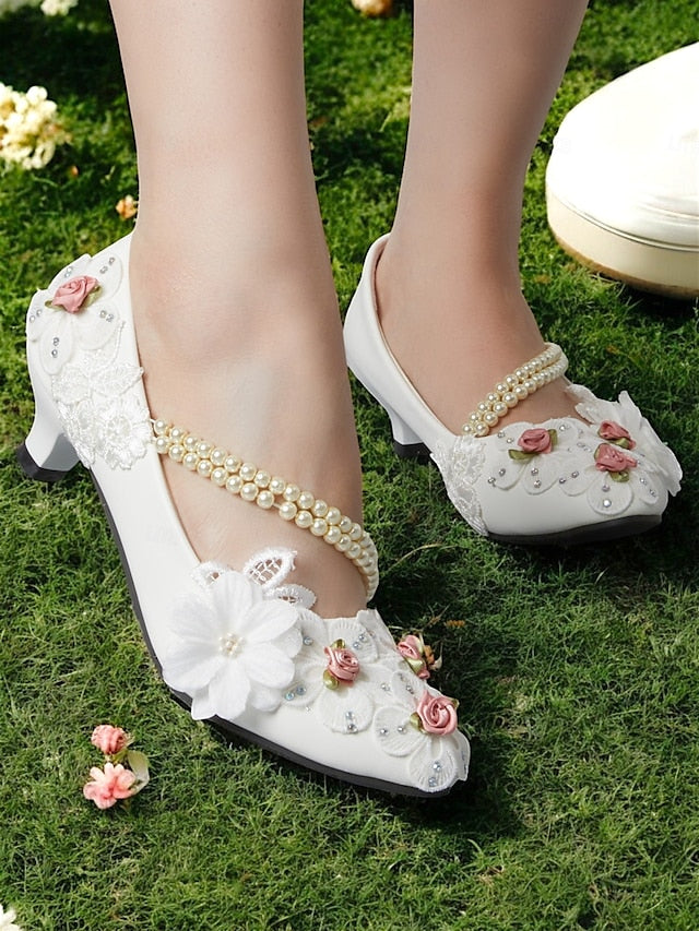 for Floral Strap Bridal Pearl Low Embellished White Heel Shoes - Image 3