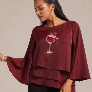 Christmas Women's Satin Shirt Blouse Rhinestone Wine Glass