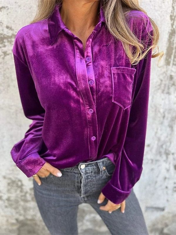 Women's Shirt Velvet Elegant Dressy Pocket Buttons Draped